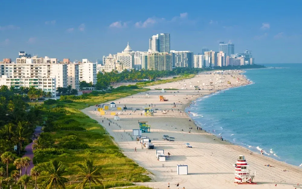 Aerial view of Miami Beach shoreline and skyline
