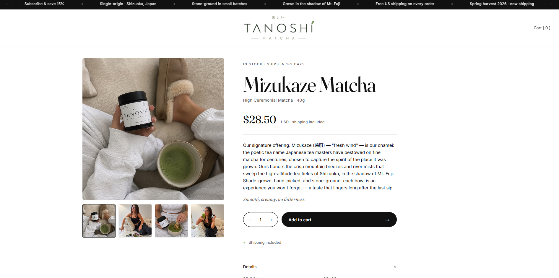 Tanoshi Matcha website by JAAR Design, a Miami e-commerce website project
